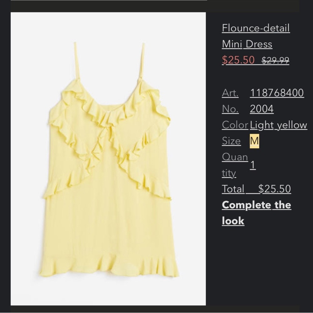 H&M Yellow Flounce-detail Mini Dress